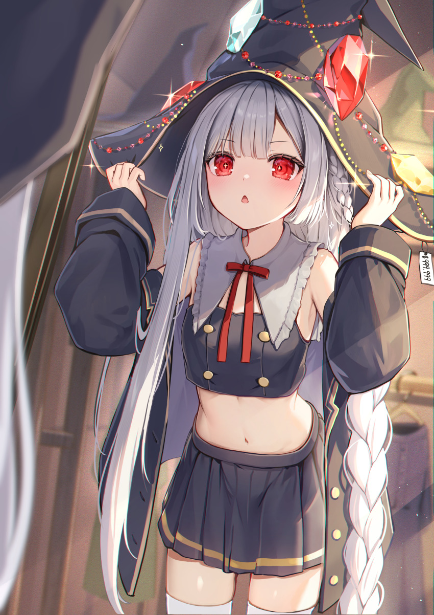 1girl absurdres black_coat black_hat black_skirt black_sleeves blush braid breasts buttons center-flap_bangs coat commentary_request crop_top full-length_mirror fuyoyo glint gold_trim hands_up hat hat_ornament hat_tug highres indoors jewelry long_hair looking_ahead looking_at_mirror low-braided_long_hair low-tied_long_hair mirror navel off_shoulder open_clothes open_coat open_mouth original pleated_skirt price_tag puritan_collar red_eyes red_ribbon reflection revision ribbon shop single_braid skirt small_breasts solo sparkling_eyes standing stomach thighhighs triangle_mouth very_long_hair white_hair white_thighhighs witch_hat