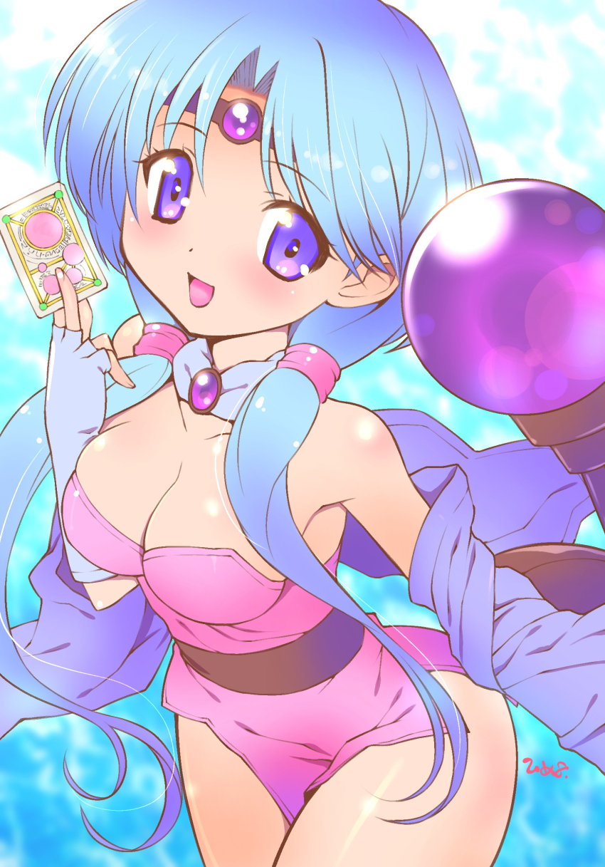 1girl :d between_fingers black_sash blue_gloves blue_hair breasts card card_between_fingers circlet cleavage collarbone dress fingerless_gloves gloves haou_taikei_ryuu_knight highres himehachi_(hime8manga) holding long_hair low_twintails medium_breasts open_mouth paffy_pafuricia pink_dress purple_eyes sash short_dress smile solo staff twintails