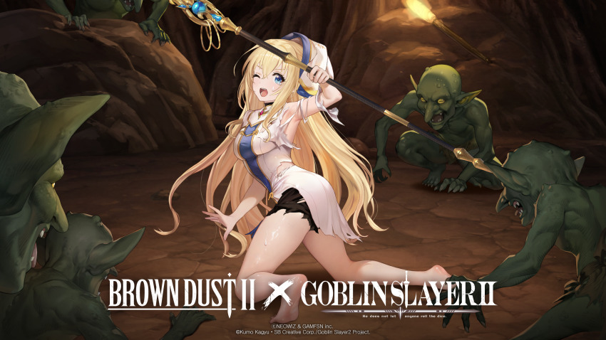 1girl absurdres artist_request bare_legs barefoot blonde_hair blue_eyes blush breasts brown_dust_(series) brown_dust_2 cave cave_interior colored_skin dress feet goblin goblin_slayer! green_skin highres holding holding_staff long_hair official_art official_wallpaper open_mouth pointy_ears priestess_(goblin_slayer!) small_breasts soles staff torn_clothes very_long_hair
