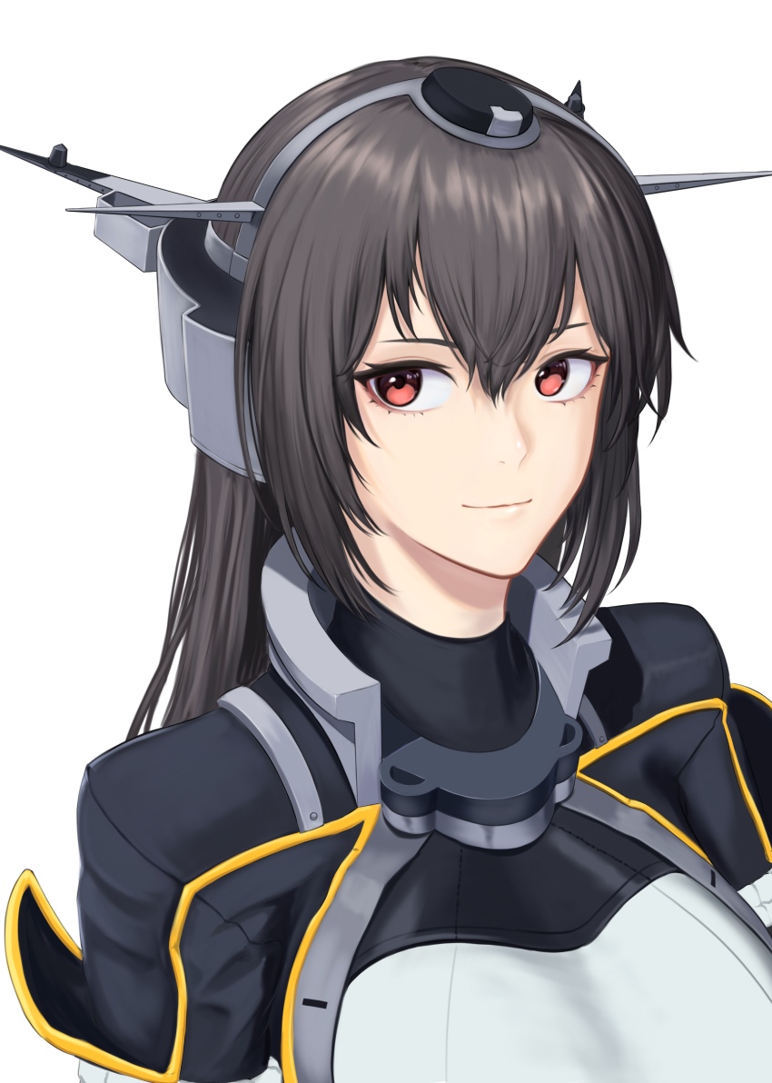 1girl absurdres black_coat black_hair coat hair_between_eyes highres kantai_collection light_smile long_hair looking_at_viewer looking_to_the_side nachos_known nagato_(kancolle) nagato_kai_ni_(kancolle) parted_bangs radio_antenna red_eyes sidelocks simple_background smile upper_body white_background