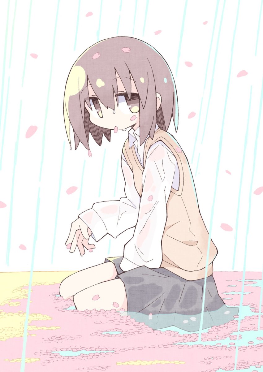 1girl asameshi black_skirt brown_eyes brown_hair cherry_blossoms commentary_request dripping female_focus highres long_sleeves looking_at_viewer misaka_mikoto mouth_hold petals rain shirt short_hair sitting_on_water skirt solo sweater_vest toaru_kagaku_no_railgun toaru_majutsu_no_index water wet wet_clothes wet_shirt white_background white_shirt