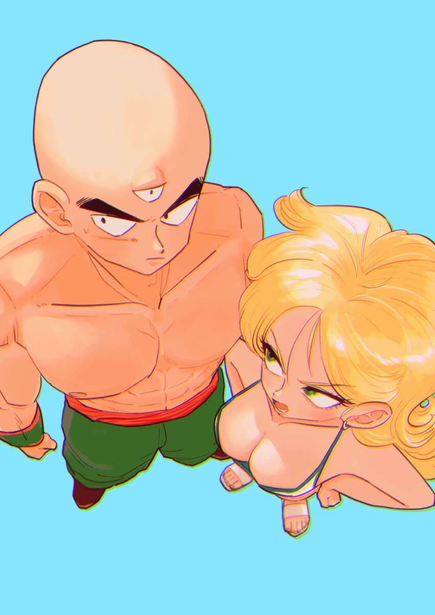 1boy 1girl absurdres bald blonde_hair blue_eyes breasts curly_hair dragon_ball dragon_ball_(classic) green_eyes highres lunch_(bad)_(dragon_ball) lunch_(dragon_ball) mnchki muscular muscular_male tenshinhan third_eye wristband