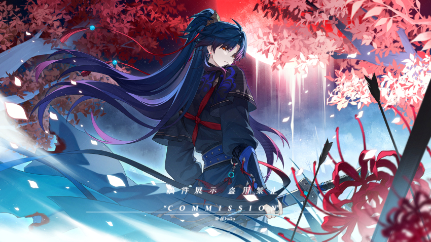 1boy black_bridal_gauntlets black_hair blade_(honkai:_star_rail) bridal_gauntlets cancancancan chinese_clothes chinese_commentary closed_mouth clothing_request commentary_request cowboy_shot earrings floating_hair flower from_behind highres holding holding_sword holding_weapon honkai:_star_rail honkai_(series) jewelry jian_(weapon) kaiko_(vocaloid) long_hair looking_at_viewer male_focus moon orange_eyes parted_bangs ponytail red_moon solo spider_lily standing stud_earrings sword very_long_hair weapon wind