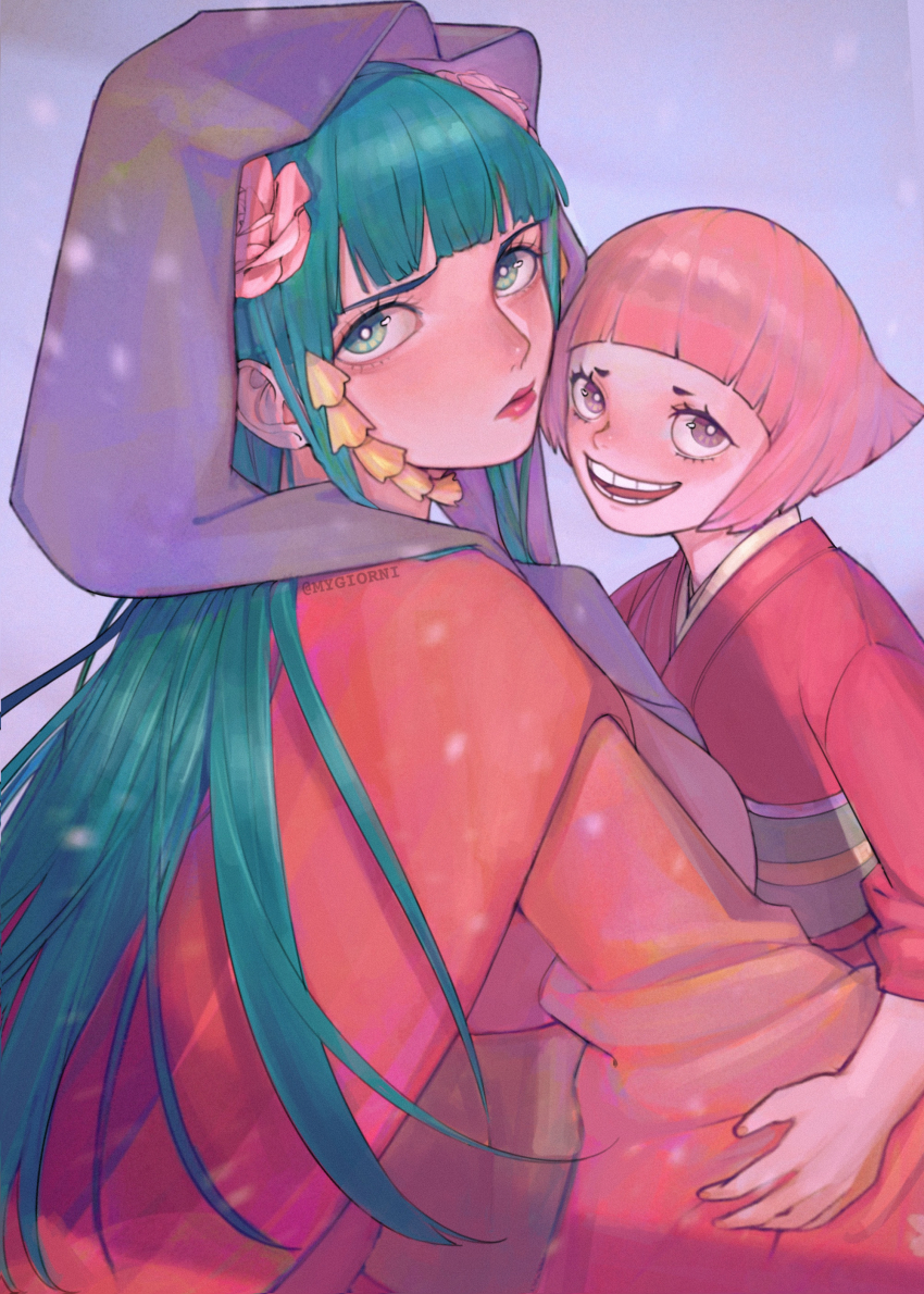 2girls absurdres aqua_eyes artist_name blunt_bangs closed_mouth flower hair_flower hair_ornament hair_stick headscarf highres japanese_clothes kouzuki_hiyori lipstick long_hair looking_at_viewer makeup multiple_girls mygiorni one_piece open_mouth outdoors purple_headscarf red_lips short_hair smile teeth toko_(one_piece) traditional_clothes