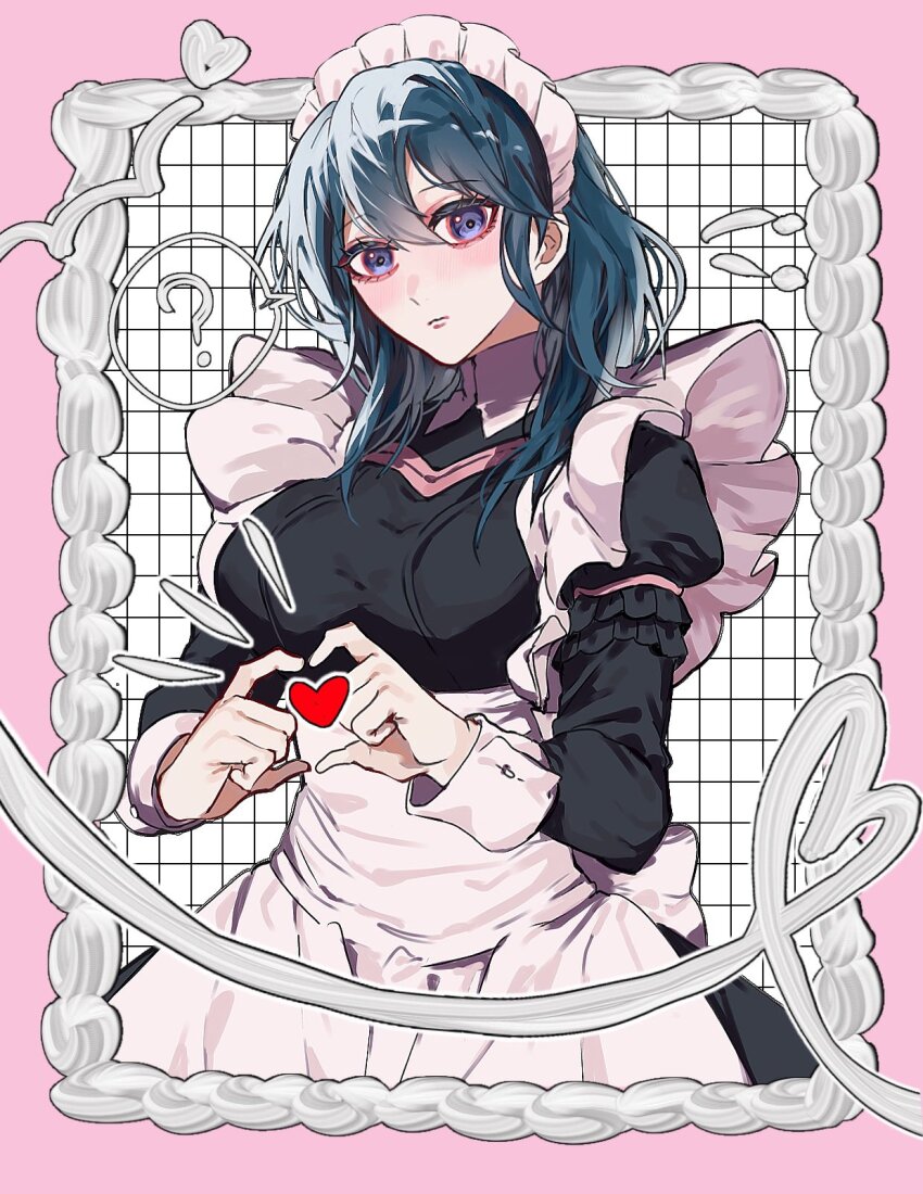 1girl ? akitsu_123 alternate_costume apron black_dress blue_hair border breasts female_byleth_(fire_emblem) closed_mouth commentary_request dress enmaided expressionless fire_emblem fire_emblem:_three_houses hair_between_eyes heart heart_hands highres juliet_sleeves long_hair long_sleeves looking_at_viewer maid maid_apron maid_headdress medium_breasts nintendo outside_border pink_border puffy_sleeves purple_eyes solo waist_apron white_apron white_background