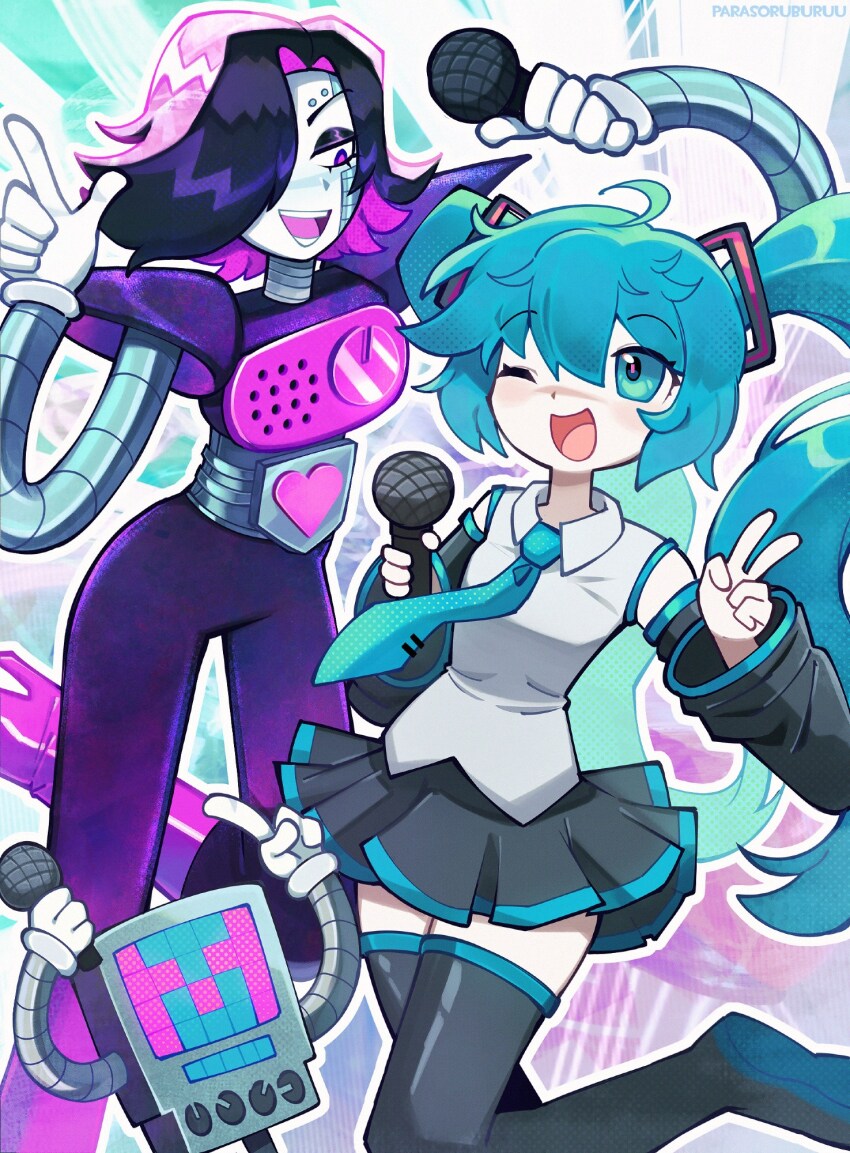 1boy 1girl :d ;d android aqua_eyes aqua_hair aqua_necktie black_sleeves boots detached_sleeves dual_persona hair_over_one_eye hatsune_miku high_heel_boots high_heels highres mettaton mettaton_ex microphone miniskirt necktie one_eye_closed open_mouth parasoru_buruu pink_boots shirt skirt smile thigh_boots thighhighs twintails undertale v vocaloid white_shirt zettai_ryouiki