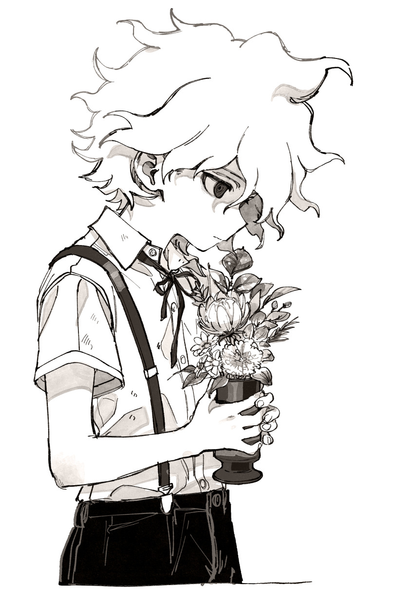 1boy absurdres aged_down closed_mouth collared_shirt commentary_request cropped_legs danganronpa_(series) danganronpa_2:_goodbye_despair empty_eyes flower from_side highres holding_vase komaeda_nagito looking_down male_focus monochrome r9rpd shirt short_hair short_sleeves simple_background solo suspenders white_background