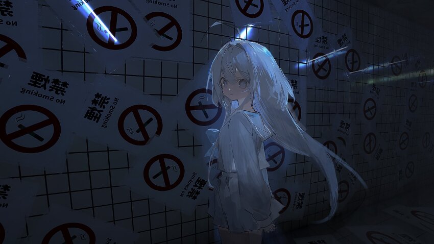 1girl ahoge arms_behind_back asphyxia17 blue_eyes bow bowtie breasts child closed_mouth cowboy_shot dynamic_pose facing_away floating_hair from_side grey_eyes grey_hair grey_sailor_collar grey_serafuku grey_skirt hair_between_eyes hallway highres indoors light long_hair long_sleeves looking_at_viewer looking_back no_smoking original pleated_skirt reflection sailor_collar school_uniform serafuku shadow shirt skirt sleeves_past_wrists small_breasts solo standing tile_wall tiles tsukumo_mishiro_(wmikawa) very_long_hair white_eyes white_hair white_sailor_collar white_shirt white_skirt