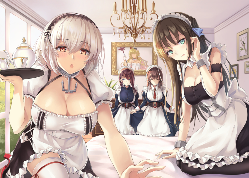 4girls apron azur_lane blue_eyes blush bow braid breasts brown_hair choker cleavage collarbone cup curacoa_(azur_lane) curlew_(azur_lane) dress frills hair_between_eyes hair_bow hair_ornament hairband holding holding_tray jewelry juliet_sleeves kneeling lace-trimmed_hairband lace_trim large_breasts long_hair long_sleeves looking_at_viewer maid maid_headdress medium_breasts multiple_girls newcastle_(azur_lane) open_mouth pov puffy_sleeves purple_hair queen_elizabeth_(the_queen&#039;s_ball)_(azur_lane) reaching reaching_towards_viewer red_eyes remodel_(azur_lane) ribbon short_hair short_sleeves side_braid sidelocks single_braid sirius_(azur_lane) smile teacup teapot thighhighs tray white_hair white_legwear yuemanhuaikong