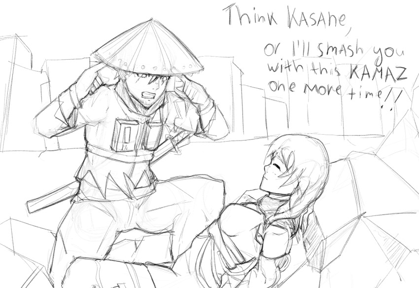 1boy 1girl breasts highres hood hoodie kasane_randall large_breasts long_hair meme rock scarlet_nexus sumeragi_yuito sword weapon_on_back think_mark_think!_(meme) thinking torn_clothes unconscious weapon weapon_on_back