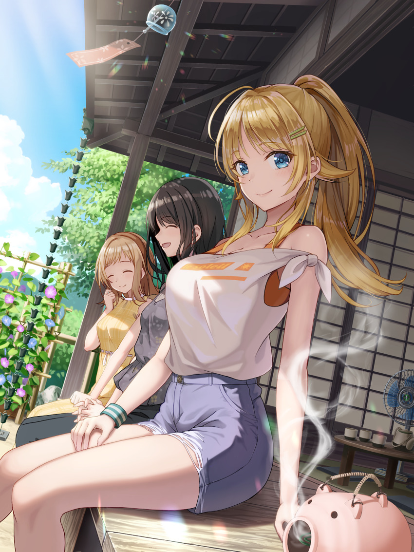 3girls ^_^ aqua_eyes architecture black_hair blonde_hair blue_sky blush breasts closed_eyes collarbone denim denim_shorts east_asian_architecture electric_fan feet_out_of_frame hachimiya_meguru highres idolmaster idolmaster_shiny_colors illumination_stars_(idolmaster) kazano_hiori large_breasts light_brown_hair light_particles light_rays looking_at_viewer macha0331 multiple_girls on_floor ponytail sakuragi_mano shorts sitting sky sliding_doors smile sunlight wooden_floor wristband