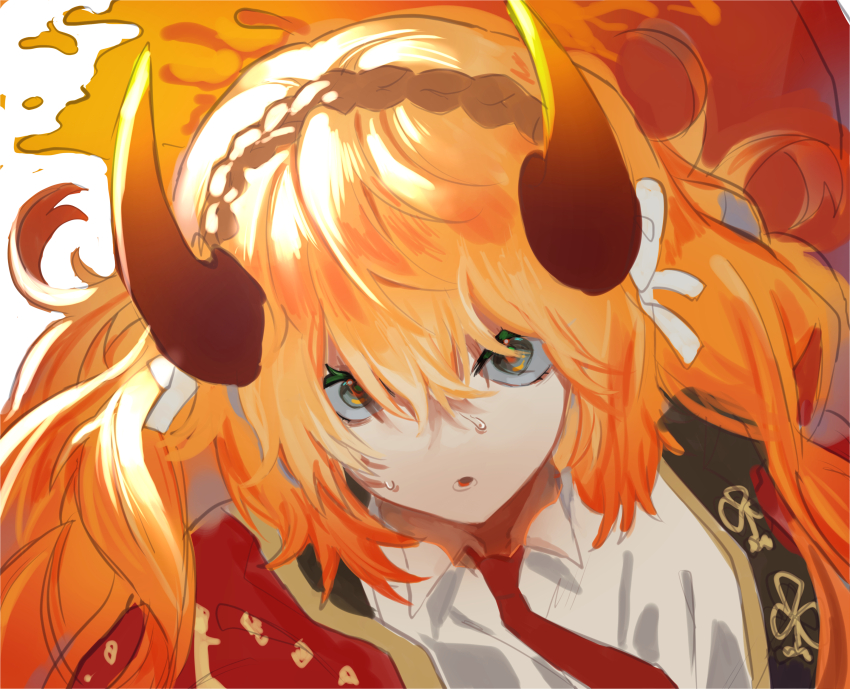 1girl absurdres bow brown_hairband cape capote_(e.g.o) collared_shirt e.g.o_(project_moon) fire gold_trim green_eyes hair_bow hairband highres horns ishmael_(project_moon) limbus_company long_hair mesoold necktie open_mouth orange_hair project_moon red_cape red_necktie rope shirt sidelocks simple_background solo sweat upper_body very_long_hair white_background white_bow white_shirt