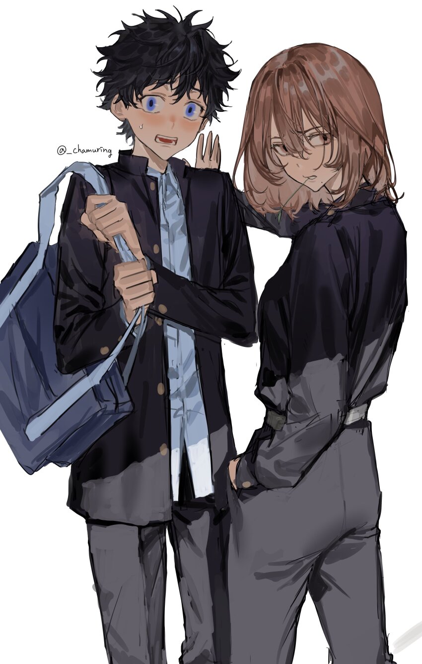 1boy 1girl absurdres against_wall blush chamuring highres pants short_hair tagme