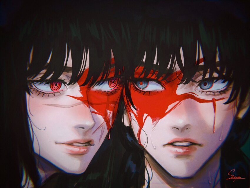 2girls artist_name black_hair blood blood_on_face chainsaw_man cheek-to-cheek cross_scar facial_scar heads_together highres long_hair looking_at_another mitaka_asa multiple_girls parted_lips portrait red_eyes ringed_eyes scar scar_on_cheek scar_on_face staryoruu sweat yoru_(chainsaw_man)