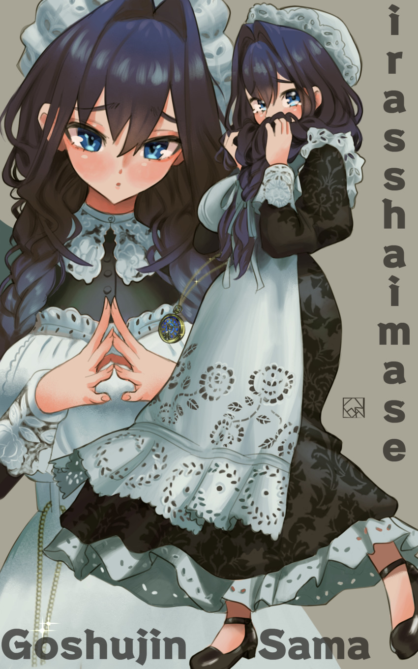 1girl apron black_dress black_hair black_shoes blue_eyes braid dress evanleaves hair_intakes hat highres hololive hololive_english long_hair maid maid_apron mob_cap multiple_views official_alternate_costume official_alternate_hairstyle ouro_kronii ouro_kronii_(maid) shoes standing twin_braids virtual_youtuber white_apron