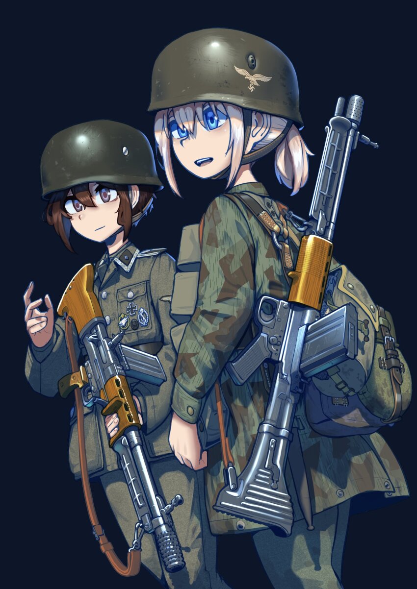 2girls ammunition_pouch battle_rifle bayonet belt blonde_hair blue_eyes breast_pocket brown_hair buttons camouflage camouflage_jacket canteen chin_strap closed_mouth collar_tabs combat_helmet commentary commission cross erica_(naze1940) fallschirmhelm fallschirmjaeger fg42 gisela_koch green_pants gun gun_sling hair_between_eyes helmet highres holding holding_gun holding_weapon iron_cross jacket load_bearing_equipment long_hair long_sleeves luftwaffe magazine_(weapon) medal mess_kit military military_combat_uniform military_jacket military_uniform multiple_girls original pants paratrooper pocket ponytail pouch rifle short_hair shoulder_boards sidelocks simple_background smile soldier swastika upper_body weapon world_war_ii