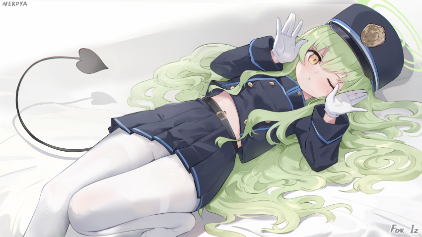 1girl :o armband artist_name belt black_belt black_hat black_jacket black_skirt black_tail blue_archive blush breasts buttons commission cropped_jacket demon_girl demon_tail dot_nose double-breasted earrings gloves green_hair green_halo hair_between_eyes halo hands_up hat highres hikari_(blue_archive) jacket jewelry light_blush loli long_hair long_sleeves looking_at_viewer lying midriff navel nekoya_(liu) no_shoes on_back on_bed one_eye_closed open_mouth palms pantyhose peaked_cap pixiv_commission pleated_skirt pointy_ears sidelocks skirt small_breasts solo straight_hair tail thighband_pantyhose thighs very_long_hair white_gloves white_pantyhose yellow_eyes