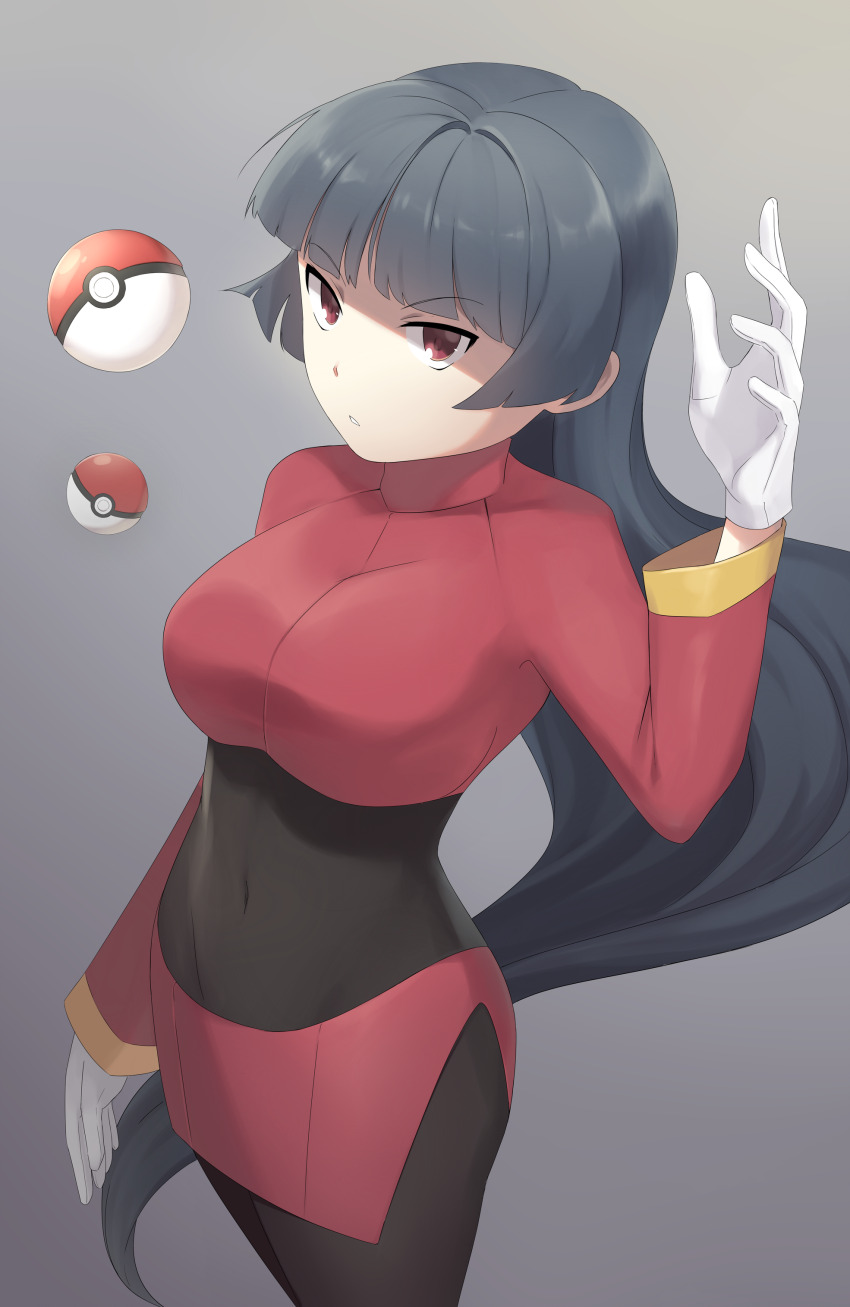 1girl absurdres black_hair breasts dress gloves grey_background gummy_(puffaluficus) highres large_breasts long_hair nintendo poke_ball pokemon pokemon_frlg psychic red_dress red_eyes sabrina_(pokemon) simple_background white_gloves
