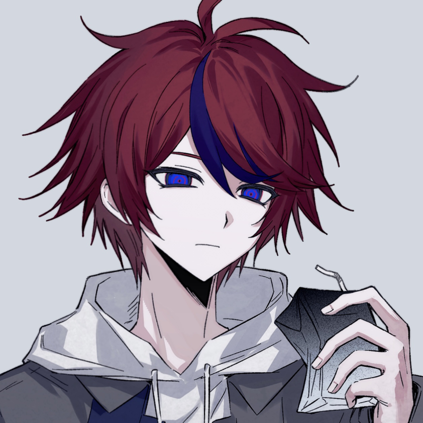 1boy blue_eyes blue_hair chinese_commentary closed_mouth commentary_request drawstring grey_background grey_jacket highres holding_juice_box hood hood_down hoodie iro_(kakerairo) jacket male_focus multicolored_hair open_clothes open_jacket portrait short_hair simple_background solo streaked_hair sumino_takumi the_hundred_line_-last_defense_academy- two-tone_hair white_hoodie