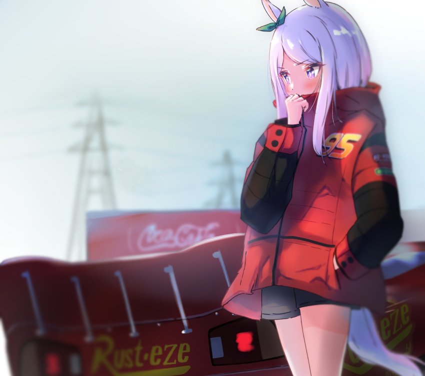 1girl animal_ears bow car cars_(movie) chocomoch coca-cola highres horse_ears jacket lightning_mcqueen mejiro_mcqueen_(umamusume) motor_vehicle name_connection purple_eyes purple_hair race_vehicle racecar red_car shorts sky solo spoiler_(automobile) tail umamusume