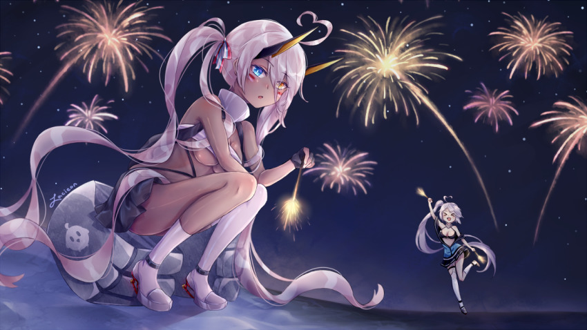 &gt;_&lt; 2girls aerial_fireworks ahoge asymmetrical_legwear azur_lane bandeau beach bikini bikini_top_only black_bikini black_gloves black_sailor_collar black_skirt blue_eyes blue_shirt blush breasts cleavage commentary dark-skinned_female dark_skin english_commentary eyes_visible_through_hair facepaint fireworks full_body gloves grey_footwear hair_between_eyes heart heart_ahoge heterochromia horns indianapolis_(azur_lane) lacieon large_breasts long_hair looking_at_viewer manjuu_(azur_lane) mechanical_horns medium_breasts miniskirt multiple_girls night off_shoulder open_mouth partially_fingerless_gloves pink_hair pleated_skirt portland_(azur_lane) purple_hair sailor_collar shirt shoes siblings side_ponytail signature sisters skirt smile socks sparkler swimsuit thighhighs turtleneck twintails underboob uneven_legwear very_long_hair white_bandeau white_socks white_thighhighs yellow_eyes