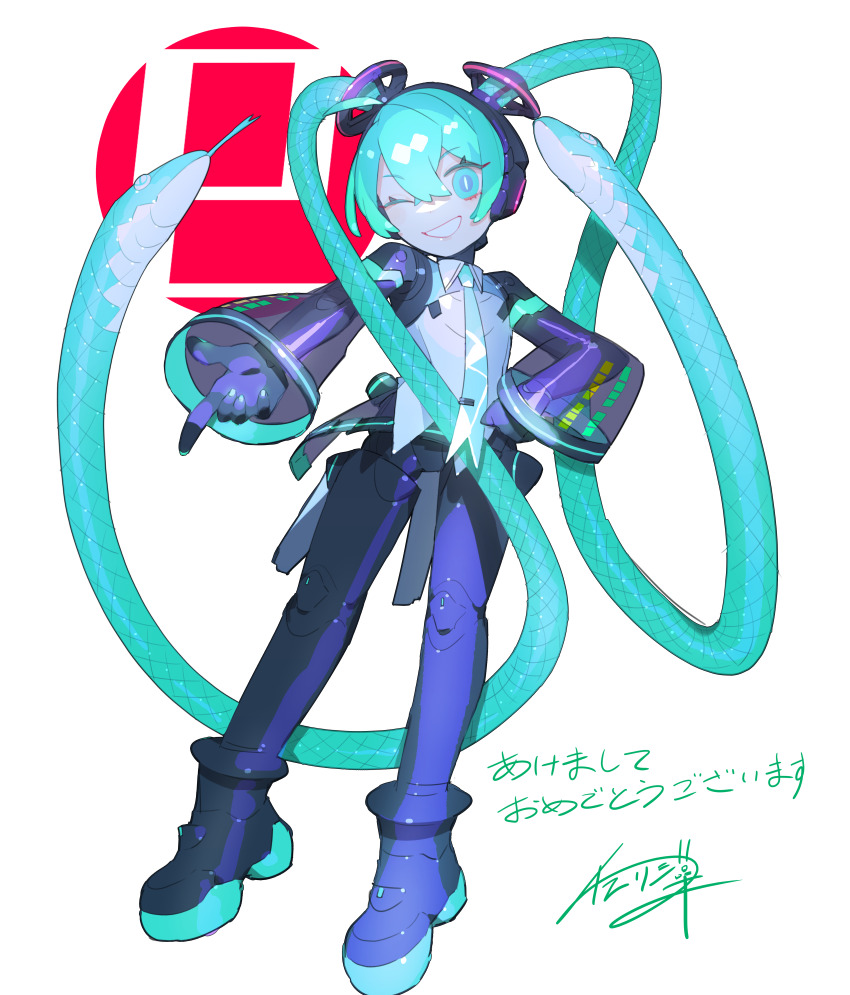 1girl absurdres akeome cable_hair cheri_zao chinese_zodiac commentary detached_sleeves full_body green_eyes green_hair grey_shirt hair_between_eyes happy_new_year hatsune_miku highres long_hair new_year one_eye_closed proto_miku_(cheri_zao) robot_girl see-through_clothes see-through_sleeves shirt signature simple_background snake_hair symbol-only_commentary translated twintails very_long_hair vocaloid white_background year_of_the_snake