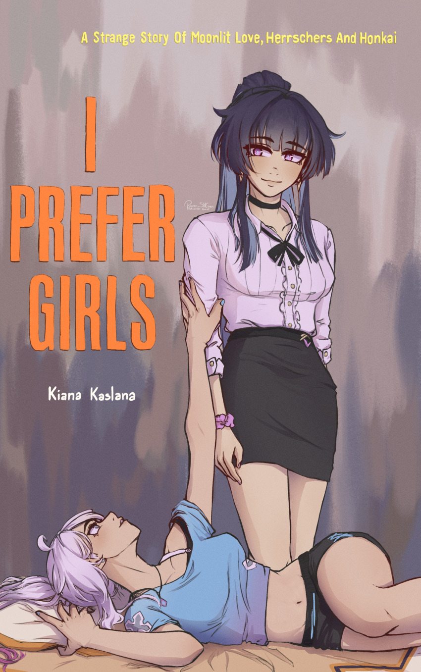 2girls absurdres ahoge black_choker black_hair black_ribbon black_shorts black_skirt blue_shirt book_cover_redraw bra_strap character_name choker crop_top derivative_work english_text highres honkai_(series) honkai_impact_3rd i_prefer_girls kiana_kaslana long_hair long_sleeves looking_at_another lying midriff miniskirt multiple_girls navel neck_ribbon pencil_skirt pink_shirt purple_eyes raiden_mei raven_sng ribbon shirt short_shorts short_sleeves shorts single_bare_shoulder skirt smile stomach white_hair yuri