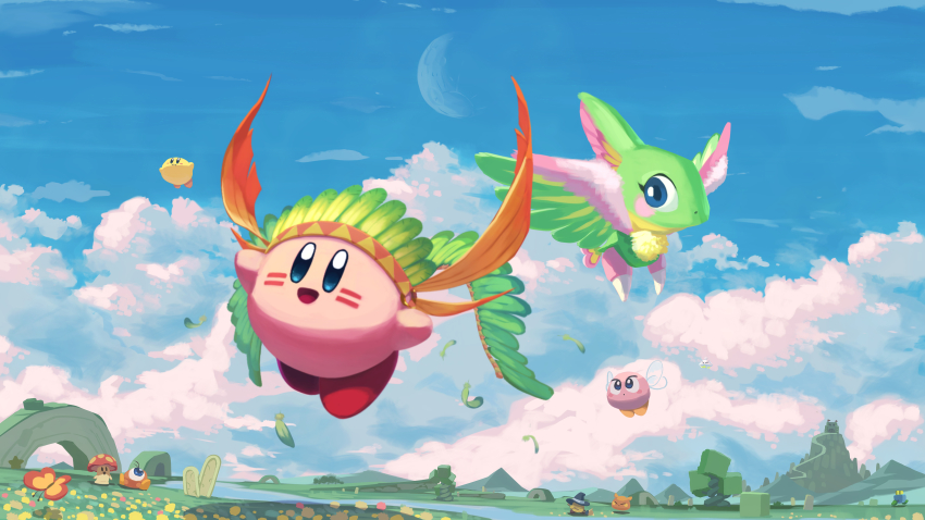 absurdres blue_sky bronto_burt broom_hatter bug butterfly cappy_(kirby) closed_eyes closed_mouth copy_ability day facepaint flappy_(kirby) flying highres insect kirby kirby_(series) nintendo outdoors parted_lips plugg_(kirby) scarfy scenery sky sleeping suyasuyabi waddle_doo warp_star wing_kirby