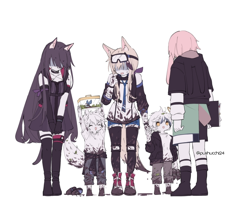 2girls 3boys adnachiel_(arknights) animal_ears ankle_boots ansel_(arknights) arknights arms_up black_dress black_footwear black_gloves black_jacket black_pantyhose black_sleeves blonde_hair blue_necktie blue_pants blue_shorts boots brown_pants cardigan_(arknights) cat_ears cat_girl cat_tail clipboard closed_eyes clothes_around_waist commentary detached_sleeves dirty dress elbow_gloves embarrassed english_commentary gloves goggles goggles_on_head happy highres holding holding_clipboard holding_shoes infection_monitor_(arknights) bug_cage jacket jacket_around_waist knee_pads long_hair material_growth melantha_(arknights) mud multiple_boys multiple_girls necktie open_clothes open_jacket oripathy_lesion_(arknights) pants pants_rolled_up pantyhose pantyhose_under_shorts pink_hair purple_hair pushu rabbit_ears red_footwear scratching_cheek shirt shoes shorts sidelocks simple_background single_elbow_glove steward_(arknights) t-shirt tail thigh_boots twitter_username unworn_footwear white_background white_shirt