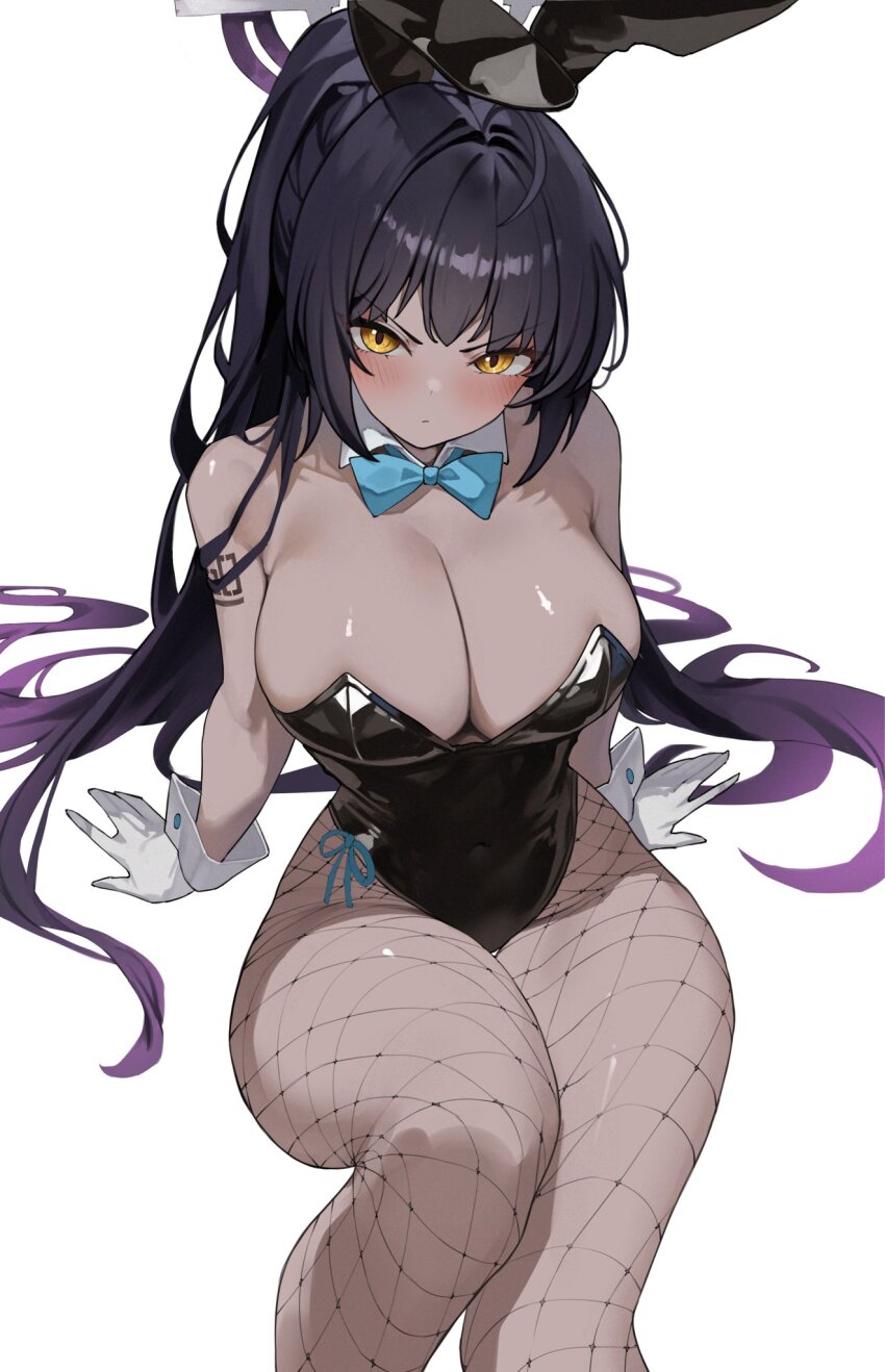 1girl animal_ear_hairband animal_ears arm_tattoo black_hair black_leotard blue_archive blue_bow blue_bowtie blush bow bowtie breasts cham_ggi cleavage dark-skinned_female dark_skin detached_collar fake_animal_ears fishnet_pantyhose fishnets gloves gradient_hair hairband halo highres karin_(blue_archive) karin_(bunny)_(blue_archive) large_breasts leotard long_hair multicolored_hair number_tattoo official_alternate_costume pantyhose purple_hair rabbit_ear_hairband rabbit_ears solo strapless strapless_leotard tattoo thighs white_gloves yellow_eyes