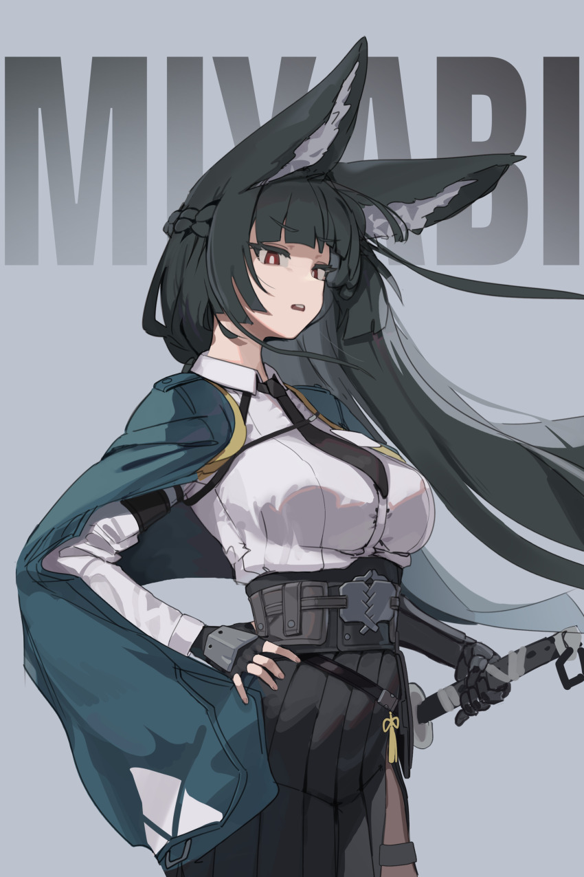 1girl absurdres animal_ears black_gloves black_hair black_pantyhose blunt_bangs braid breasts character_name commentary english_commentary fingerless_gloves fox_ears frown gloves grey_background gya_rb hand_on_own_hip highres holding holding_sword holding_weapon hoshimi_miyabi katana large_breasts long_hair necktie open_mouth pantyhose pleated_skirt red_eyes sheath sheathed simple_background skirt solo sword teeth variant_set weapon zenless_zone_zero