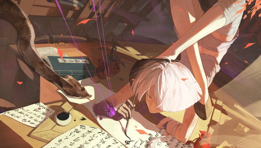 1girl a.k.i._(street_fighter) absurdres bandages bug calligraphy calligraphy_brush contortion flats flexible hair_over_one_eye highres impossible_hair ink nord_0402 paintbrush red_eyes scorpion short_hair short_shorts shorts snake spider street_fighter street_fighter_6 white_hair white_shorts