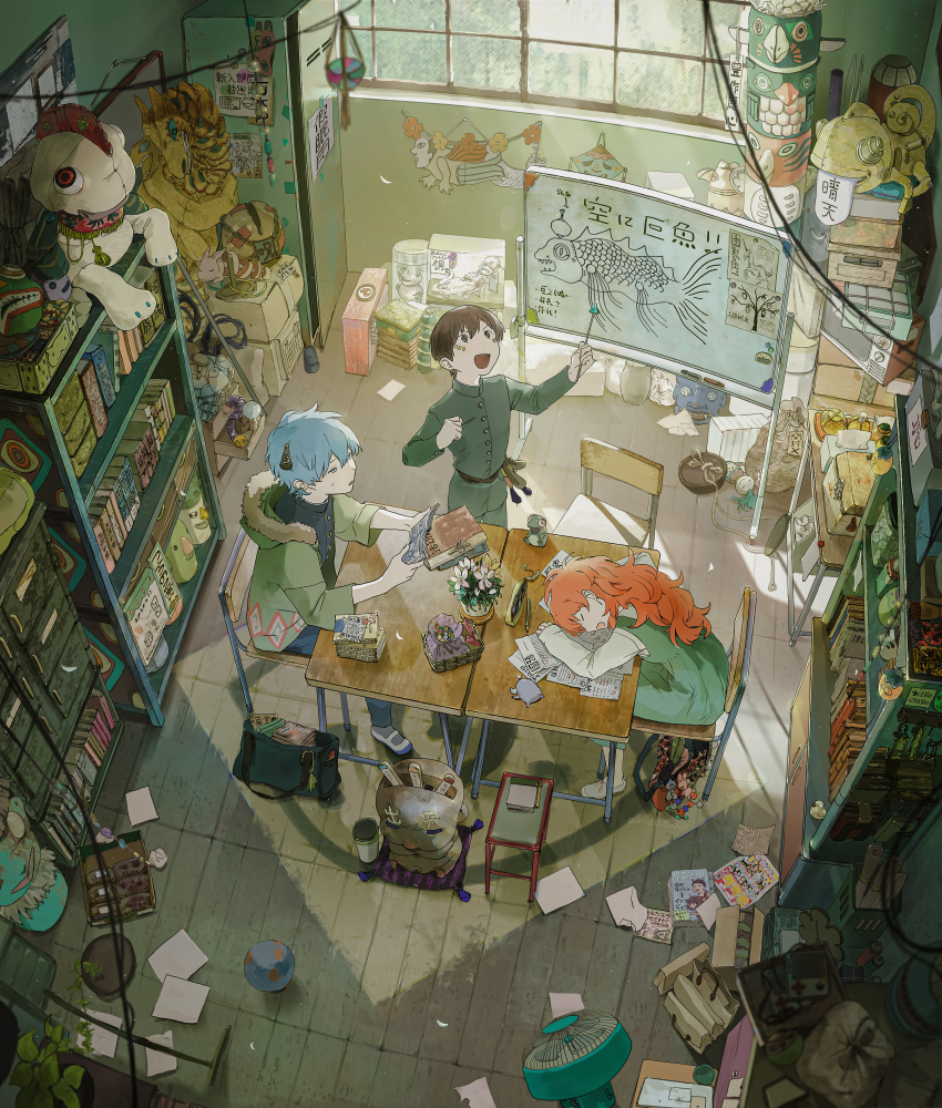 1girl 2boys absurdly_detailed_composition absurdres academic_test bag blue_hair book bookshelf brown_hair chakotata closed_eyes clutter desk dress electric_fan food full_body green_dress green_jacket highres holding holding_book indoors jacket loaded_interior magazine_(object) multiple_boys original paper pencil pencil_case plant potted_plant red_hair school_desk sleeping stuffed_toy whiteboard window