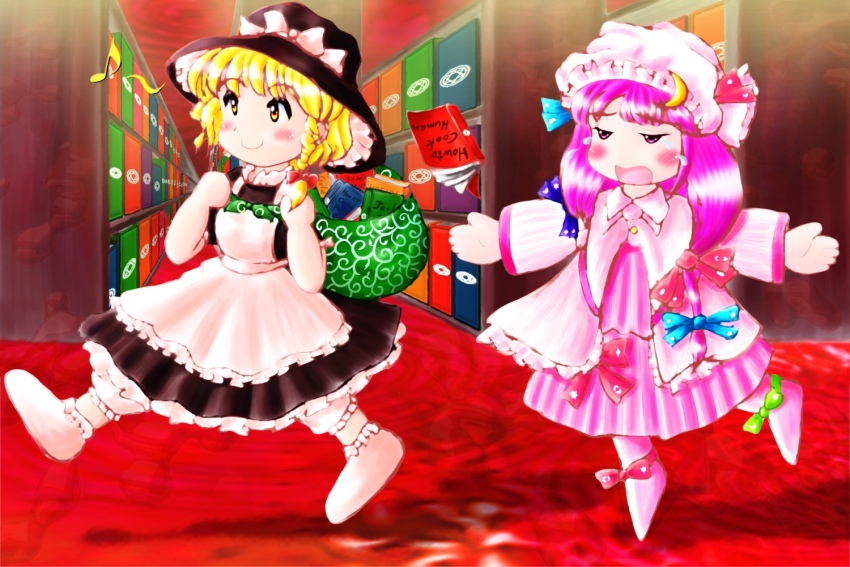 2girls apron asayuba black_hat blonde_hair blush book bookshelf brown_eyes collared_jacket commentary_request crescent crescent_hat_ornament dress eighth_note floating full_body half-closed_eyes hat hat_ornament jacket kirisame_marisa library long_hair long_sleeves mob_cap multiple_girls musical_note outstretched_arms patchouli_knowledge purple_dress purple_eyes purple_hair sack shelf socks tears touhou very_long_hair voile waist_apron walking white_socks witch_hat