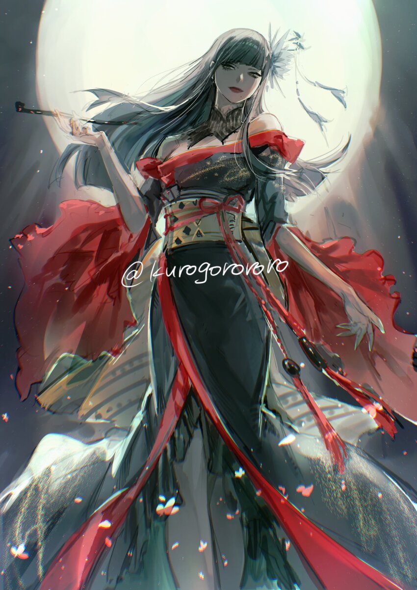 1girl bare_shoulders black_hair black_kimono blunt_bangs blunt_ends feet_out_of_frame final_fantasy final_fantasy_xiv flower full_moon green_eyes hair_flower hair_ornament hand_up highres holding holding_smoking_pipe huge_moon hyur japanese_clothes kimono kiseru kurogorororo long_hair looking_at_viewer mole mole_under_mouth moon obi obiage obijime off_shoulder red_trim sash smoking_pipe solo standing twitter_username yotsuyu_goe_brutus