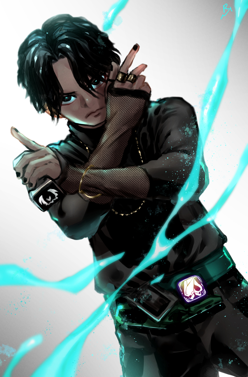 1boy absurdres black_nails black_pants brown_hair rider_belt dutch_angle fingernails hair_over_one_eye henshin_pose highres holding igarashi_daiji kagerou_(kamen_rider_revice) kamen_rider kamen_rider_revice long_fingernails long_sleeves male_focus murasaki_no_ryuuki pants parted_lips red_eyes rider_belt signature sleeves_past_wrists slit_pupils smile solo teeth tokusatsu turtleneck two_sidriver
