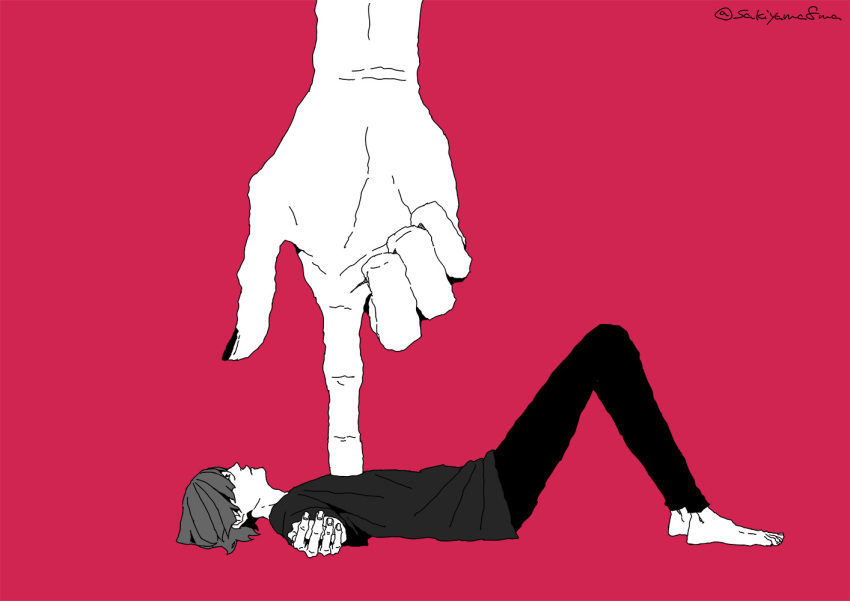1boy barefoot black_nails black_pants black_shirt commentary_request from_side full_body giant_hand grey_hair knees_up lying male_focus monochrome nail_polish on_back original outstretched_arm pants red_background sakiyama8ma shirt short_hair simple_background solo_focus twitter_username