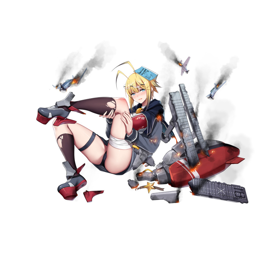 1girl antenna_hair armor artist_request black_panties black_socks blonde_hair blue_capelet blue_dress blue_eyes blush book breastplate breasts capelet damaged dress english_text f6f_hellcat fire flight_deck glasses highres holding_own_leg injury leg_up looking_at_viewer lying medium_breasts official_art on_back open_mouth panties pantyshot rimless_eyewear scraped_knee smoke socks solo tbf_avenger tearing_up thigh_strap torn_clothes torn_socks transparent_background underwear warship_girls_r wasp_(cv-18)_(warship_girls_r)