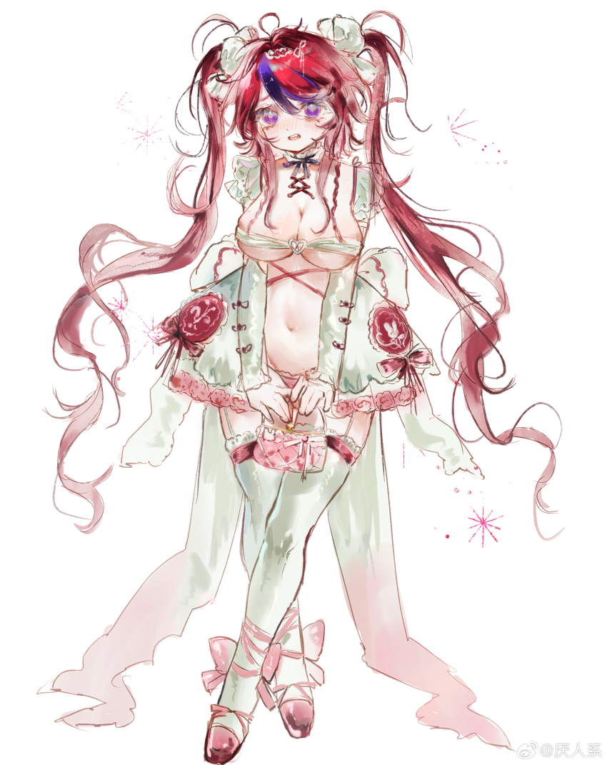 1girl absurdres ahoge back_bow bag black_bow black_bowtie blue_eyes blue_hair blush bow bowtie breasts chinese_commentary commentary_request corset_piercing crossed_legs fang fingerless_gloves full_body genderswap genderswap_(mtf) gloves hair_bow handbag highres holding holding_bag large_breasts long_hair multicolored_hair navel open_mouth pink_shoes red_bow red_hair shoes simple_background standing streaked_hair sumino_takumi the_hundred_line_-last_defense_academy- thighhighs twintails two-tone_hair very_long_hair watermark weibo_watermark white_background white_bow white_gloves white_thighhighs yanrenxi20831