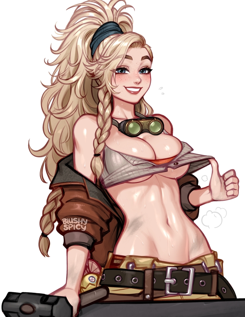 1girl belt black_belt blonde_hair blushyspicy breasts brown_jacket cleavage clothes_lift commentary crop_top english_commentary gemma_(monster_hunter_wilds) goggles goggles_around_neck green_eyes hammer high_ponytail highres holding holding_hammer jacket large_breasts lifting_own_clothes long_hair monster_hunter_(series) monster_hunter_wilds navel ponytail shirt_lift simple_background smile solo stomach underboob upper_body white_background