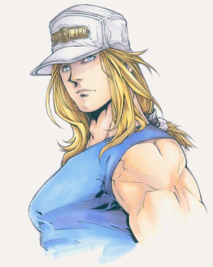 1boy adam&#039;s_apple andy_seto baseball_cap blonde_hair blue_eyes chinese_commentary commentary commentary_request cropped_torso cyber_weapon_z english_commentary hat highres light_frown loneken_carlsber male_focus marker_(medium) medium_hair mixed-language_commentary muscular muscular_male pectorals ponytail profile shirt sleeveless sleeveless_shirt solo traditional_media upper_body
