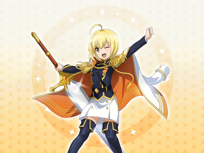 1girl ahoge black_boots black_jacket blonde_hair boots epaulettes game_cg greatsword holding holding_sword holding_weapon jacket jacket_on_shoulders long_sleeves looking_at_viewer official_art one_eye_closed orange_eyes otori_michiru outstretched_arms short_hair shoujo_kageki_revue_starlight shoujo_kageki_revue_starlight_-re_live- skirt solo standing sword thigh_boots upper_body weapon white_jacket white_skirt