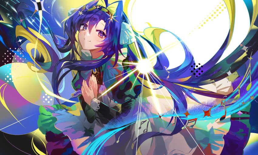 1girl apron black_dress blonde_hair blue_eyes blue_hair closed_mouth colored_inner_hair crossed_wrists dress floating_hair glowing hair_between_eyes hair_intakes hair_ornament hands_up highres juliet_sleeves long_hair long_sleeves mayo_(cocoacat19) multicolored_hair puffy_sleeves reverse:1999 school_uniform smile solo soviet_school_uniform star_(symbol) star_hair_ornament upper_body very_long_hair voyager_(reverse:1999) white_apron