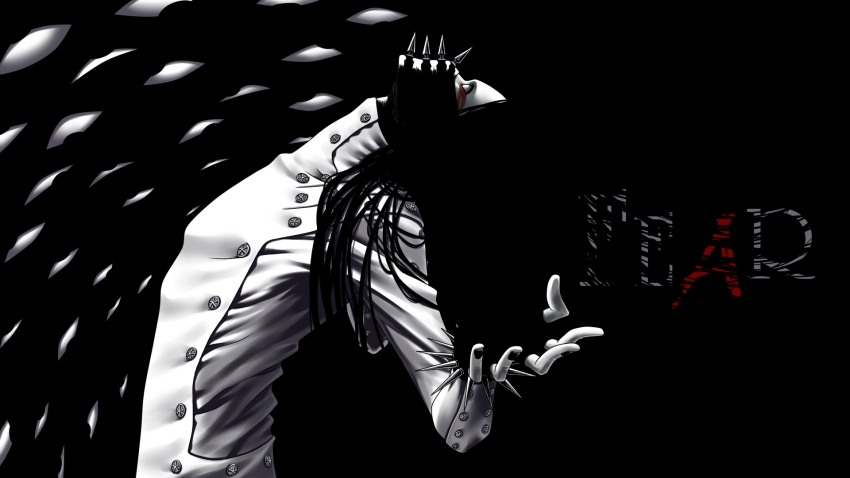 1boy as_nodt black_background black_gloves black_hair black_nails bleach bleach:_sennen_kessen-hen bleachist blood bloody_tears colored_skin commentary covered_mouth english_text extra_eyes fingerless_gloves from_side gloves hair_spread_out highres horror_(theme) jacket kubo_tite_(style) leaning_back long_hair long_sleeves looking_up male_focus mask nail_polish official_style outstretched_hand profile quincy_(bleach) rolling_eyes simple_background solo spiked_gloves spiked_mask upper_body wandenreich white_jacket white_skin