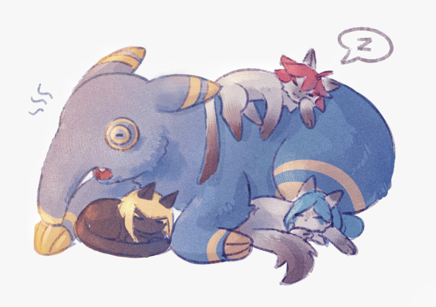 animal_ears animalization black_fur blonde_hair blue_fur blue_hair cat cat_ears cat_tail flamberge_(kirby) francisca_(kirby) fur highres hyness kirby_star_allies kirby_(series) nintendo no_humans open_mouth red_hair sleeping somayumi tail tapir tapir_ears white_fur yawning zan_partizanne zzz