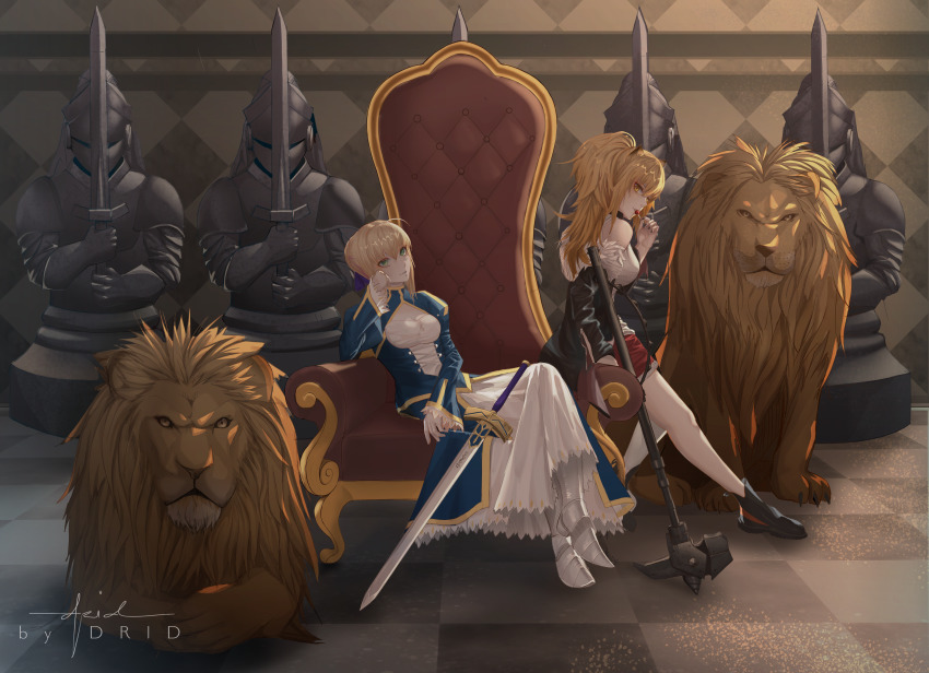 2girls absurdres ahoge arknights armor artist_name artoria_pendragon_(fate) bare_legs bare_shoulders black_footwear black_jacket black_nails blonde_hair blue_dress blue_ribbon blue_skirt brown_eyes candy checkered_floor commentary dress drid english_commentary fate_(series) food from_side greaves green_eyes hair_between_eyes hair_ribbon hammer hand_up highres holding holding_food jacket juliet_sleeves kawasumi_ayako lion lollipop long_hair long_sleeves looking_at_viewer multiple_girls nail_polish off_shoulder open_clothes open_jacket parted_lips ponytail puffy_sleeves red_shorts ribbon saber_(fate) shadow shoes short_shorts shorts siege_(arknights) sitting skirt smile sword tank_top thighs throne voice_actor_connection weapon white_skirt white_tank_top wide_sleeves