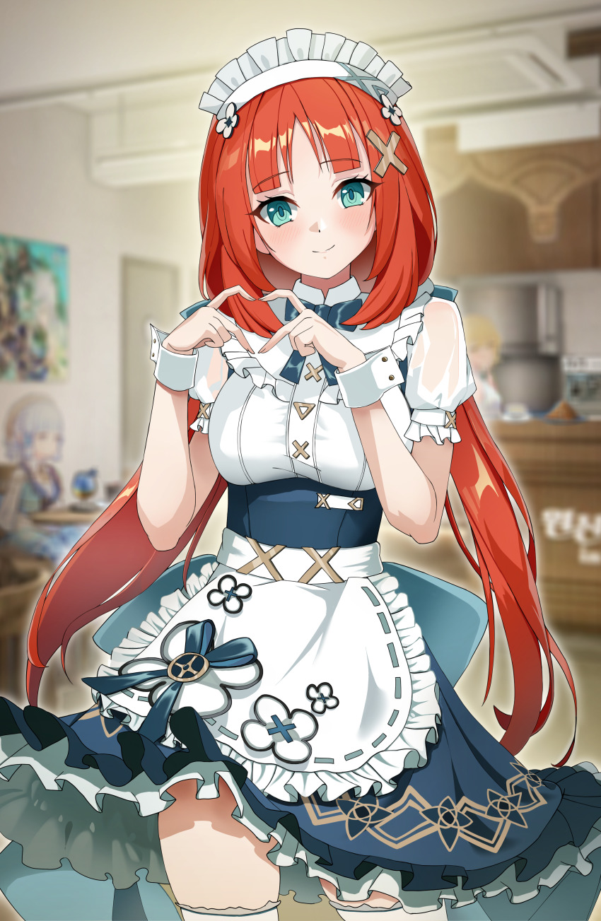 1girl four-finger_heart_hands absurdres alternate_costume apron aqua_eyes ayaka_(genshin_impact) blue_dress blurry blurry_background breasts commentary cosplay cowboy_shot domodomo0708 dress enmaided faruzan_(genshin_cafe_in_seoul)_(genshin_impact) faruzan_(genshin_impact) faruzan_(genshin_impact)_(cosplay) frilled_apron frilled_dress frilled_sleeves frills genshin_impact hair_ornament hands_up head_tilt heart heart_hands highres indoors kamisato_ayaka kamisato_ayaka_(springbloom_missive) light_blush long_hair looking_at_viewer lumine_(genshin_impact) maid maid_headdress medium_breasts nilou_(genshin_impact) parted_bangs patterned_clothing red_hair smile solo_focus thighs very_long_hair waist_apron white_apron white_sleeve_cuffs x_hair_ornament
