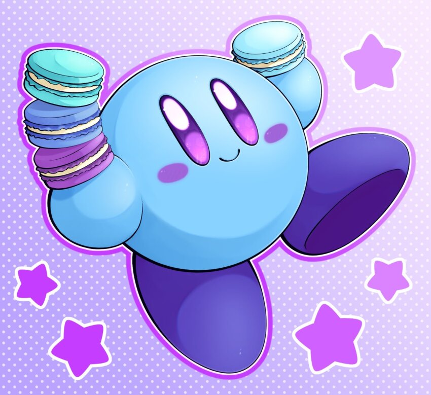 alternate_color blue_skin blush_stickers colored_skin creature food holding holding_food kirby kirby_(series) looking_at_viewer macaron nintendo no_humans polka_dot polka_dot_background purple_eyes slys_(jesterdysphoria) smile solid_oval_eyes solo star_(symbol)
