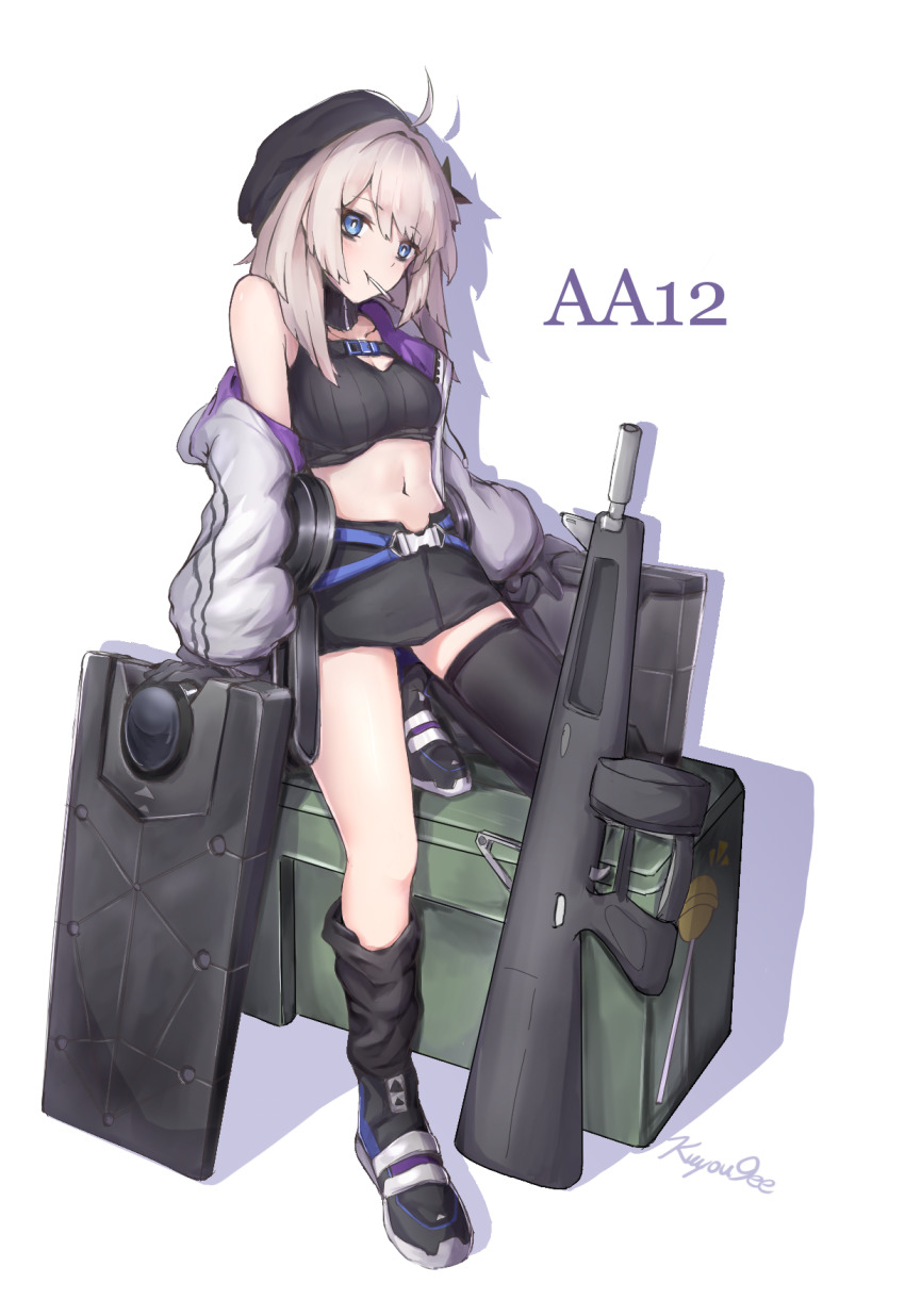1girl aa-12 aa-12_(girls&#039;_frontline) ahoge asymmetrical_legwear automatic_shotgun bags_under_eyes beret black_gloves black_hat black_shirt black_shoes black_skirt black_thighhighs blue_eyes blush breasts brown_hair buckle character_name closed_mouth collarbone combat_shotgun commentary_request crop_top drum_magazine female_focus girls&#039;_frontline gloves grey_jacket gun hair_between_eyes hat head_tilt high-capacity_magazine highres jacket ky_(ky990533) long_hair long_sleeves looking_at_viewer loose_socks magazine_(weapon) medium_breasts mouth_hold name_connection navel object_namesake off_shoulder open_clothes open_jacket puffy_long_sleeves puffy_sleeves ribbed_shirt riot_shield shadow shield shield_module shirt shoes shotgun signature single_thighhigh skirt snap-fit_buckle socks solo thighhighs uneven_legwear weapon white_background
