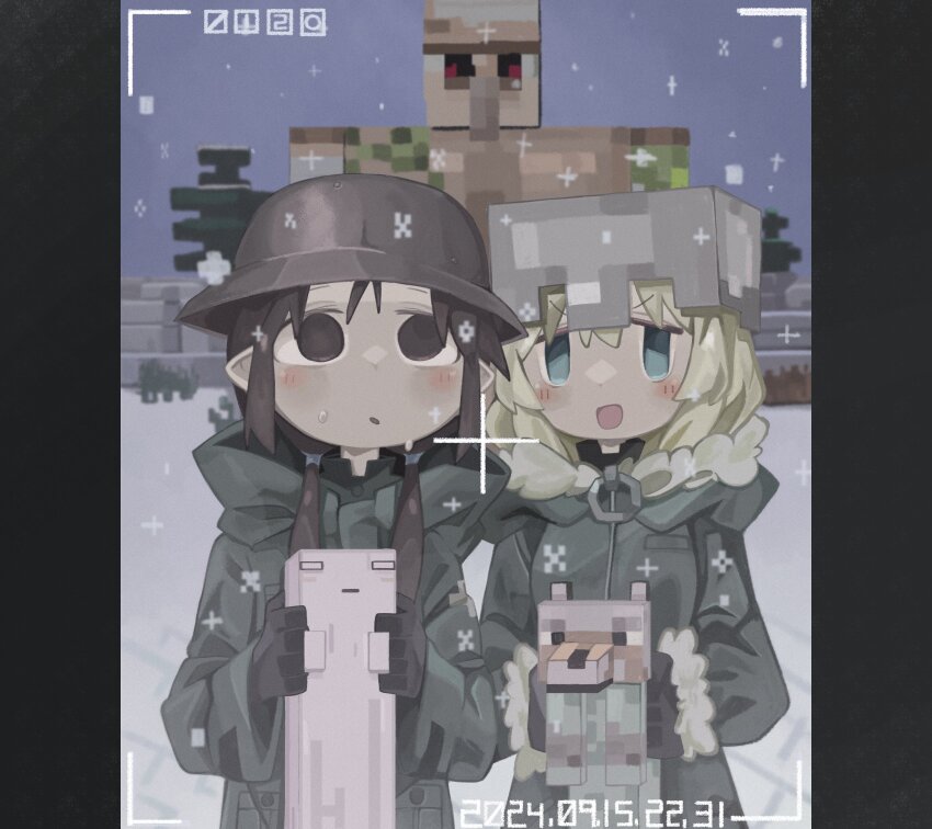 2girls absurdres black_eyes black_hair blonde_hair blue_eyes chito_(shoujo_shuumatsu_ryokou) crossover dated fur-trimmed_sleeves fur_trim green_jacket helmet highres iron_golem_(minecraft) jacket long_hair looking_at_viewer low_twintails minecraft multiple_girls naaga_sonomono nuko_(shoujo_shuumatsu_ryokou) open_mouth pointy_ears shoujo_shuumatsu_ryokou smile snow twintails viewfinder winter wolf_(minecraft) yuuri_(shoujo_shuumatsu_ryokou)